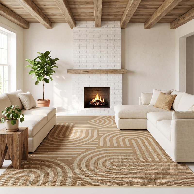 Tapis intérieur / extérieur à motif géométrique abstrait aspect jute, Beige, 10*13ft