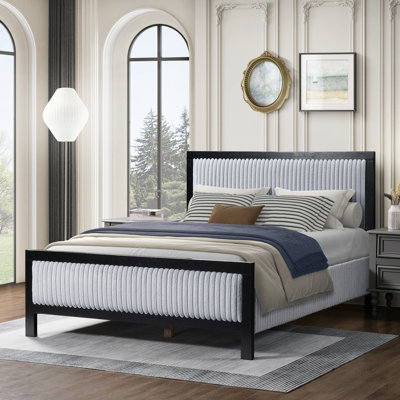Très grand lit avec tête de lit moelleuse, structure rembourrée noire et grise, bois massif pour la performance, lattes anti-bruit, lit plateforme facile à installer dans la chambre à coucher, finition, lattes silencieuses en caoutchouc silencieuses
