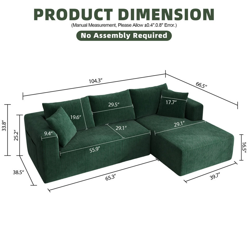 Chaise de bureau modulaire en L 104 po avec méridienne en L 104 po, siège à assise profonde confortable, velours côtelé 