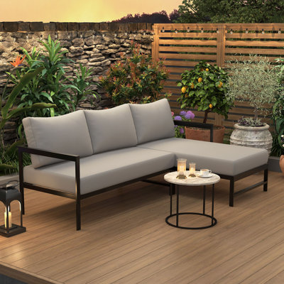 Canapé d'extérieur en forme de L avec structure en fer, ensemble de canapé de patio résistant aux intempéries avec coussins épais, sièges confortables pour 3 personnes, idéal pour le patio, le balcon et le jardin