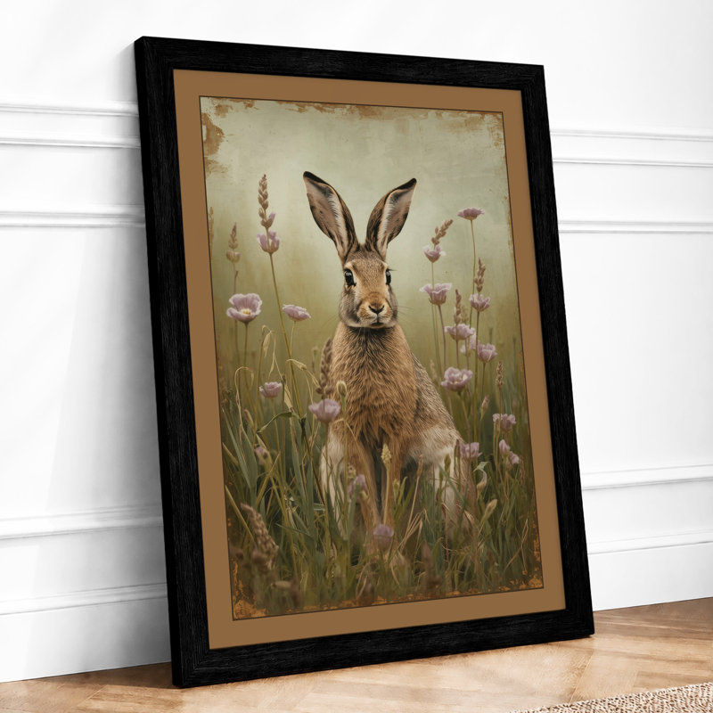 Rabbit in Wildflowers Boho - Framed Print, A1 - 84.1 x 59.4 cm, Black
