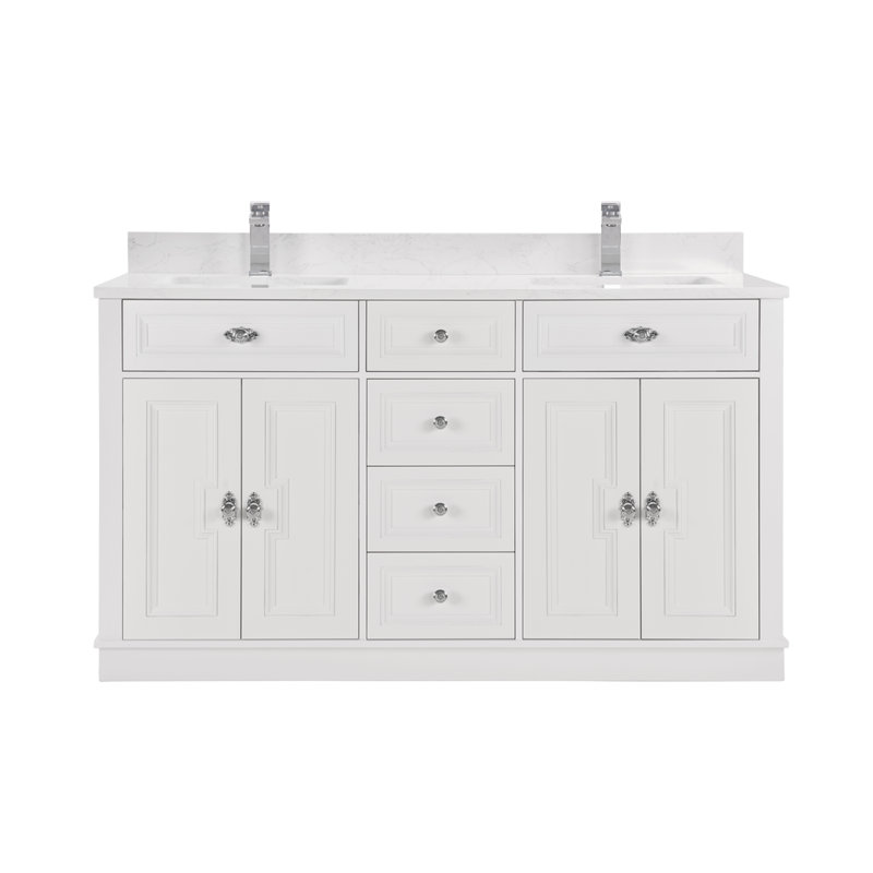 60" Solid Wood Sink Vanity With 1" Artificial Stone Top, Polished Chrome, White