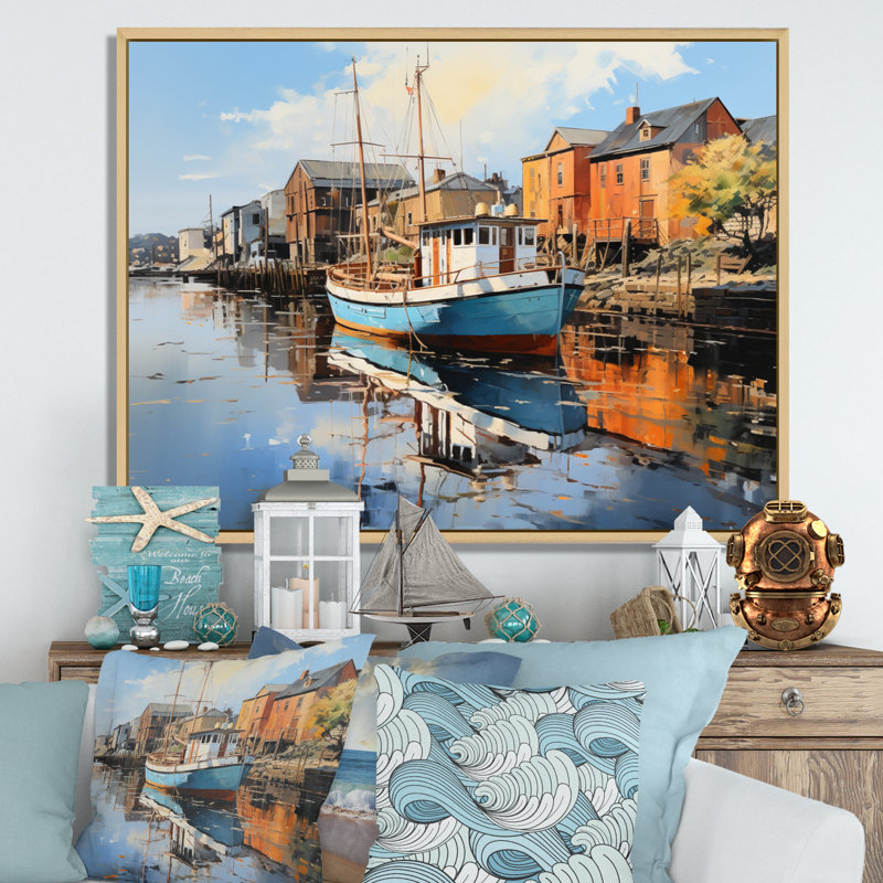 Port Wharfside Reflections an II - reproduction, Cadre naturel flottant, H 34 po x l 44 po x P 1,5 po