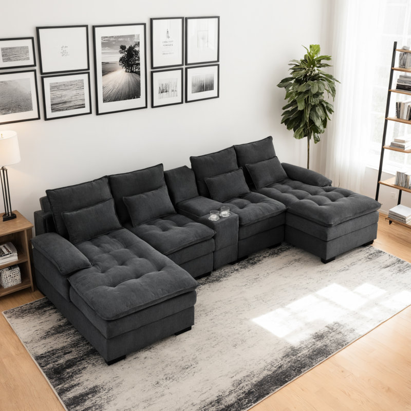 Akeyra Upholstered U Shaped Sectional Sofa with Console, Gray Linen