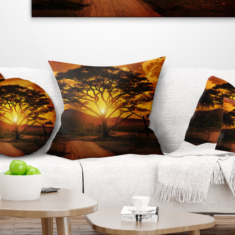 Coussin décoratif imprimé soleil avec coussin d’arbre n’importe quel paysage africain, 18 po x 18 po, Coussin décoratif