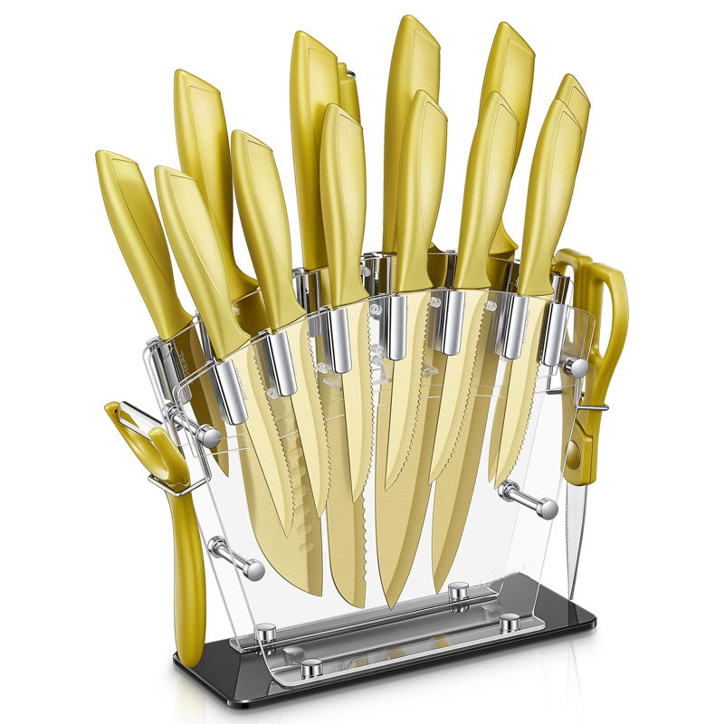 MARLIN MANUFACTURING COMPANY, INCORPORATED Knife Set, 16 Pieces High Carbon Stainless Steel Golden Color Kitchen Knife Set, Titanium Coating Blade, No Rust And Super Sharp Cutlery Knife Set With Acrylic Stand And Kitchen Scissors, Gift