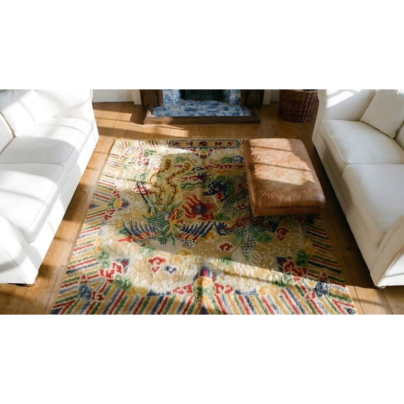 Square Antique Silk Pile Dragon Bird Of Paradise Design Rare Signed Chinese Rug