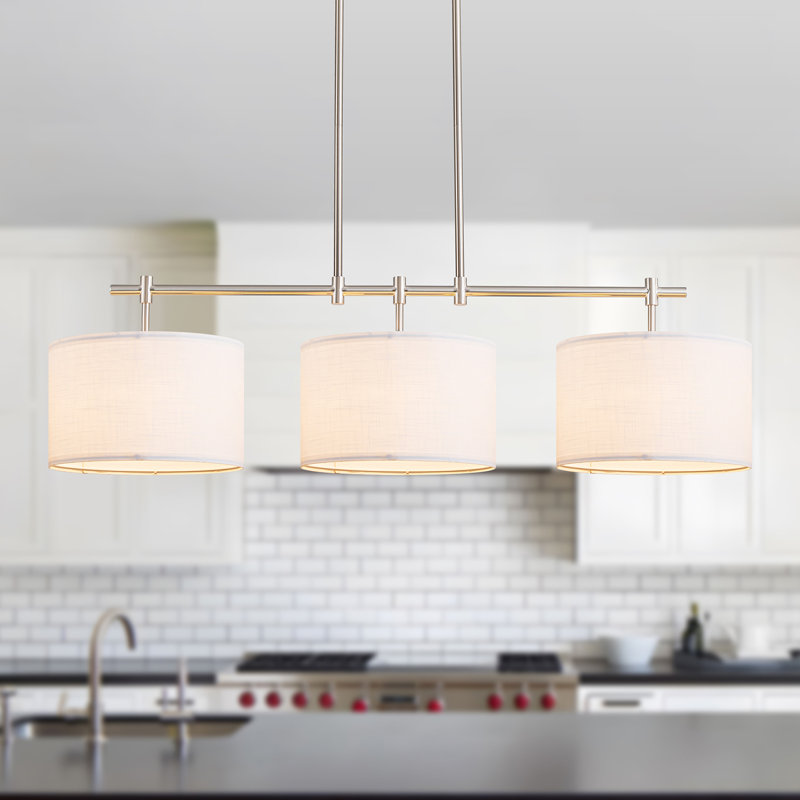 Konur 3 - Light Fabric Linear Kitchen Island Pendant Light with Drum Shade, Nickel
