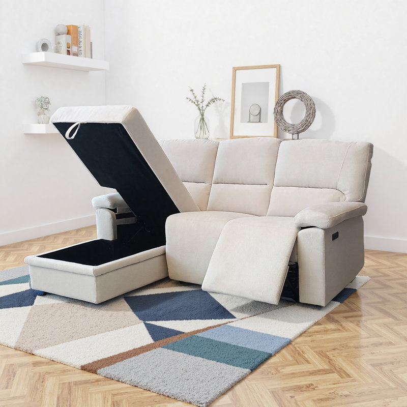 Left-Facing Chaise Corner Sofa with Storage Space and Power Recliner Seat, Cream