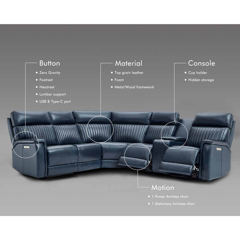 6-Piece, 3 Power Recliners Leather Reclining Sectional, Power Headrest & Lumbar , Navy Blue Genuine Leather