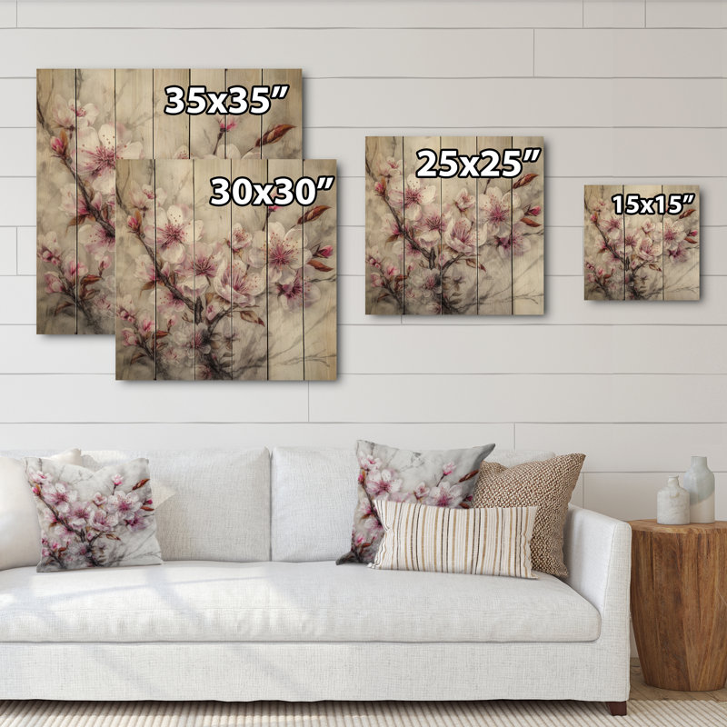 Fleur de cerisier rose II sur bois, H 15 po x l 15 po x P 0,78 po