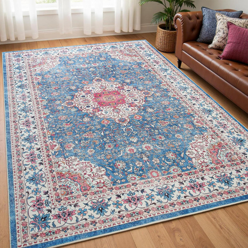 Washable Rug  Vintage Area Rugs Non Slip, Indoor Low Pile Carpet With Rubber Backing For Living Room Kitchen Bathroom Entryway Office Bedroom