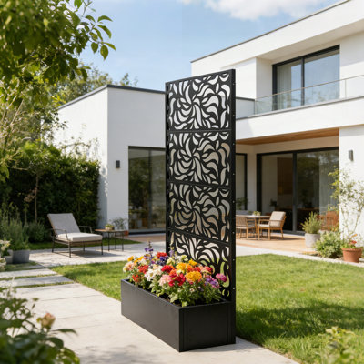 Écran d'intimité à motif de feuilles avec boîte à fleurs, clôture décorative autoportante en métal pour patio et balcon