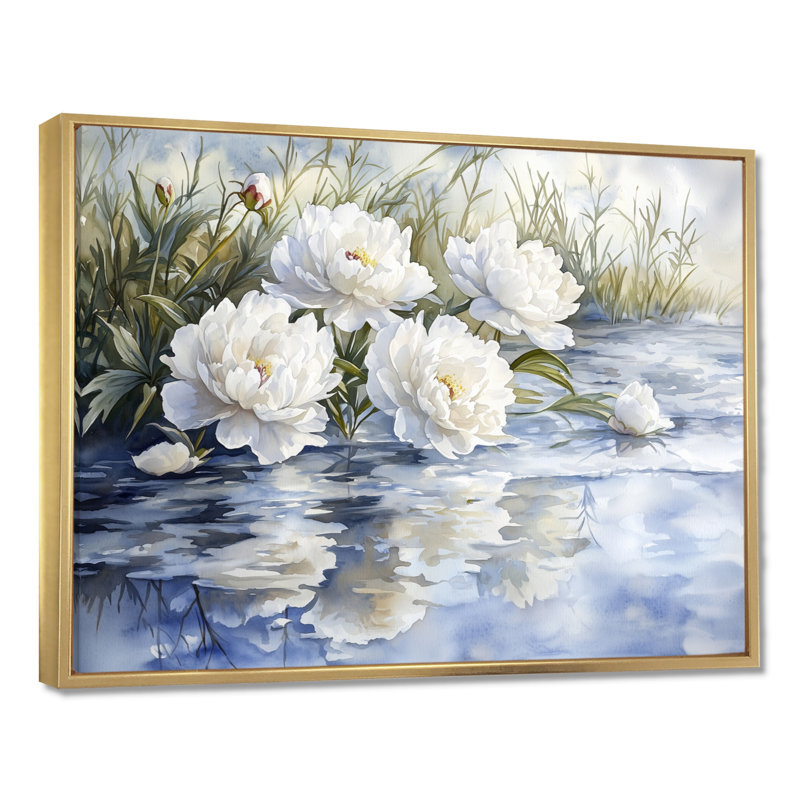Olinger, pivoines blanches par l'étang gelé I - pivoines, art mural, H 34 po x l 44 po, Impression encadrée flottante, Doré