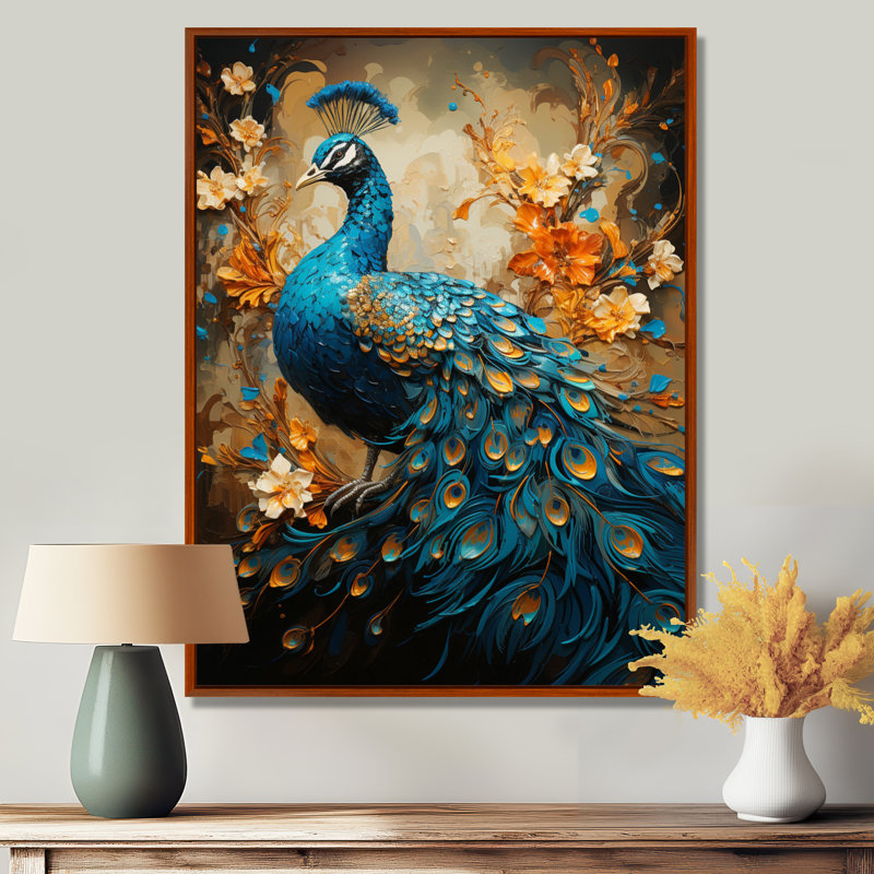 Aakarsh Teal Gold Emerald Peacock Drips - paon, reproduction d'art sur toile encadrée, H 20 po x l 12 po, Cadre flottant brun