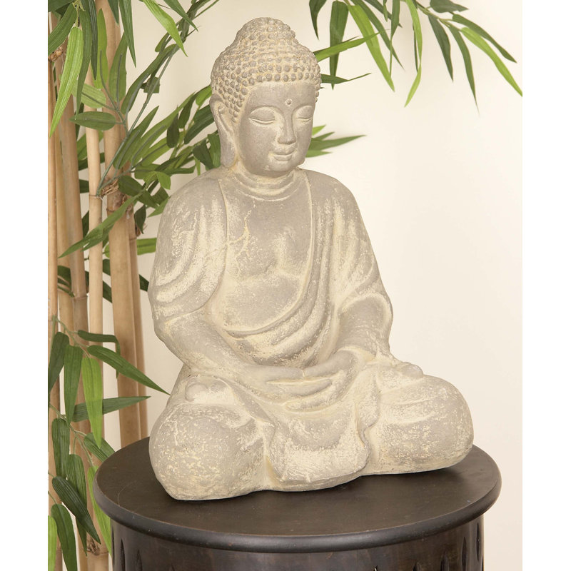 Ceramic Meditating Buddha Decorative Sculpture with Engraved Carvings and Relief Detailing, 12" H x 7" W x 8" D, Beige