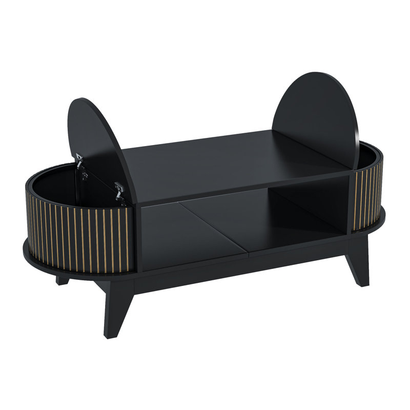 Table basse ovale de 46,45 po avec rangement, table d'appoint cannelée pour le salon, Noir, noir, noir, noir