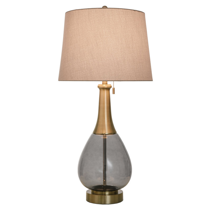 Suhayl - Glass & Metal Table Lamp - Smoke Glass Brass Metal - Dark Beige Shade