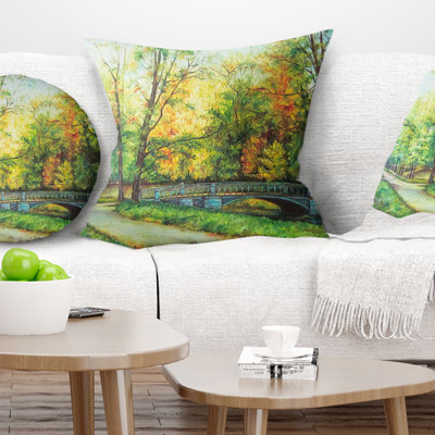 Bridge in Colorful Forest - Landscape Printed Pillow