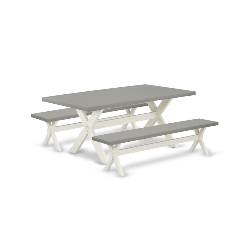 Ensemble de table de salle à manger 3 pièces comprenant une table de cuisine rectangulaire avec pieds en X et 2 bancs de table, lin blanc