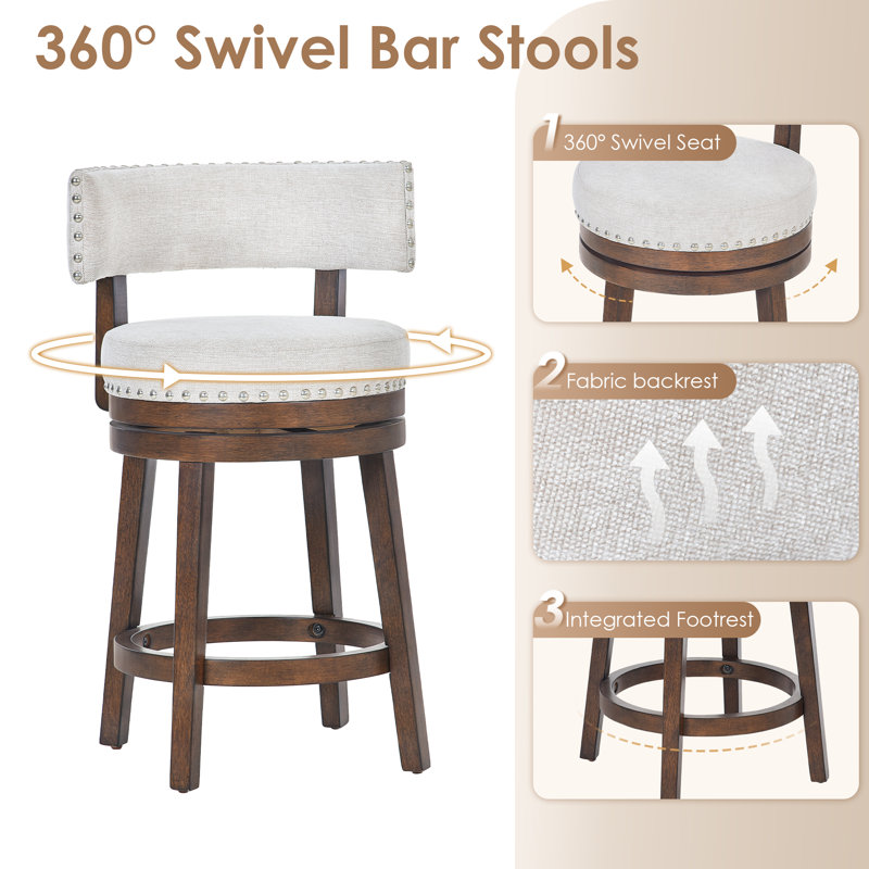 360° Swivel Upholstered Counter & Bar Stool with Solid Wood Frame, Backrest & Footrest, Counter Stool (25.39" Seat Height), 4