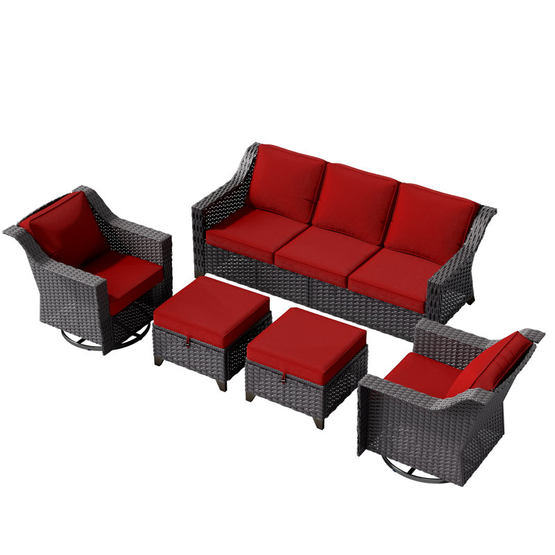 5-Piece Wicker Outdoor Conversation Set – Swivel Chairs & Storage Ottomans for Patio, Red
