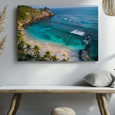 Canvas Aerial View Of A Tropical Beach Scene Featuring A Pristine Wall Art Sandy Shore Bordered By Rocky Formations And Lush Green Canvas Wall Art