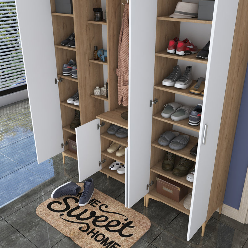Meuble de couloir moderne avec finition noyer et blanc 70,9 po x 94,5 po x 14,8 po | Panneau de particules 100% mélamine de qualité E1, épaisseur: 0,7 pouce | Solution de rangement élégante pour le vestibule, design durable et élégant