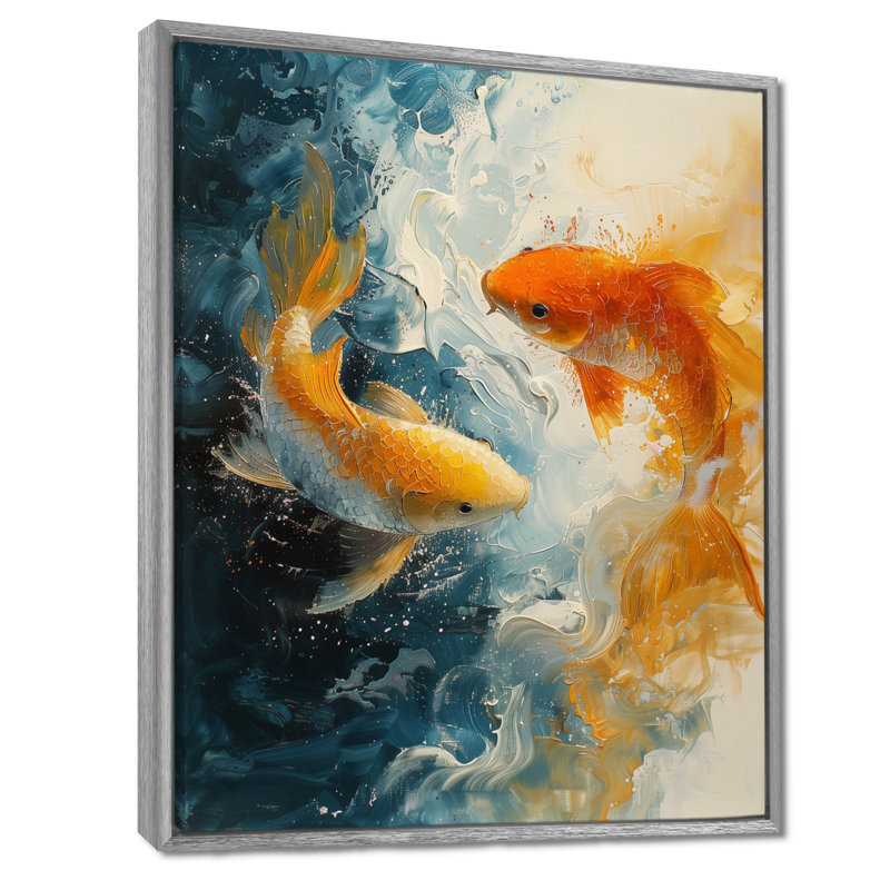 Impression d'art mural orange, vert, passionné, Poissons Koi II, H 30 po x l 40 po, Encadrement argenté