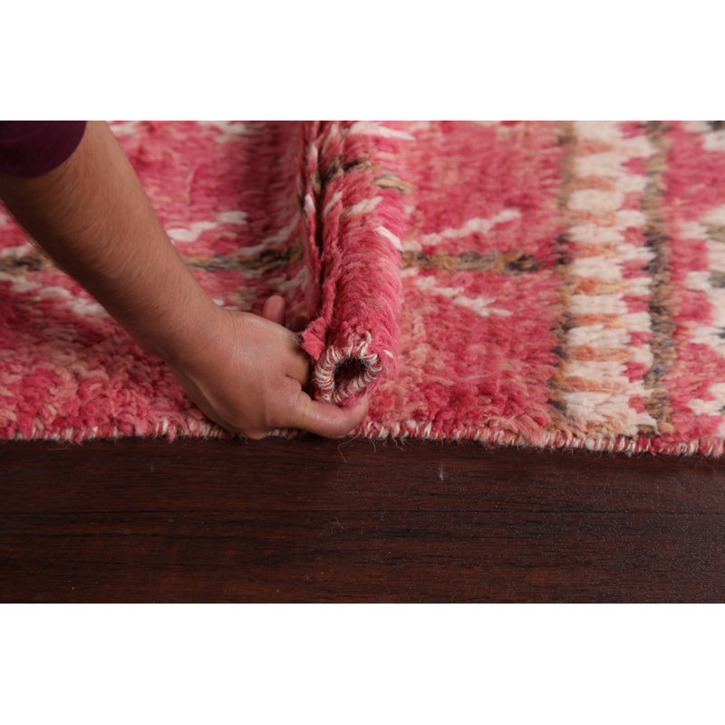 Tapis rose en laine noué à la main de conception unique 6 pi 10 po x 11 pi 0 po marocain