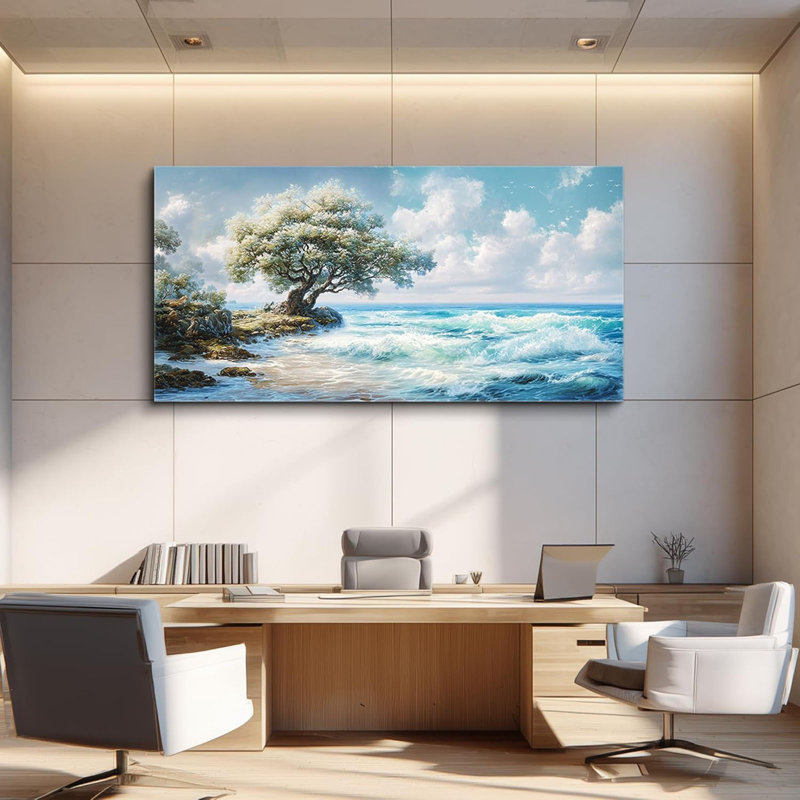 Grande décoration murale côtière pour le salon, coucher de soleil, plage, coucher de soleil, bleu, océan, vagues, paysage marin, arbres, paysage