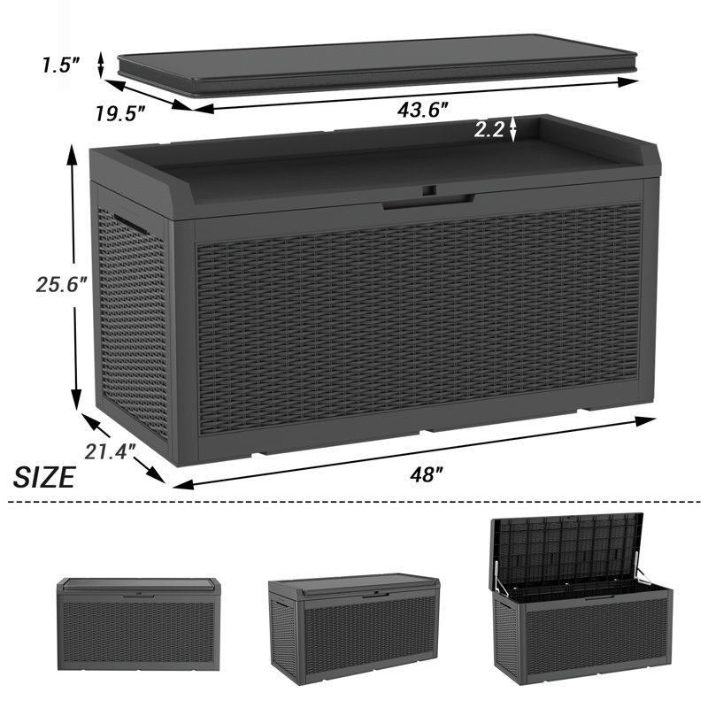 Coffre de terrasse verrouillable en résine imperméable avec coussin de siège Devoko 100 gallons, Noir