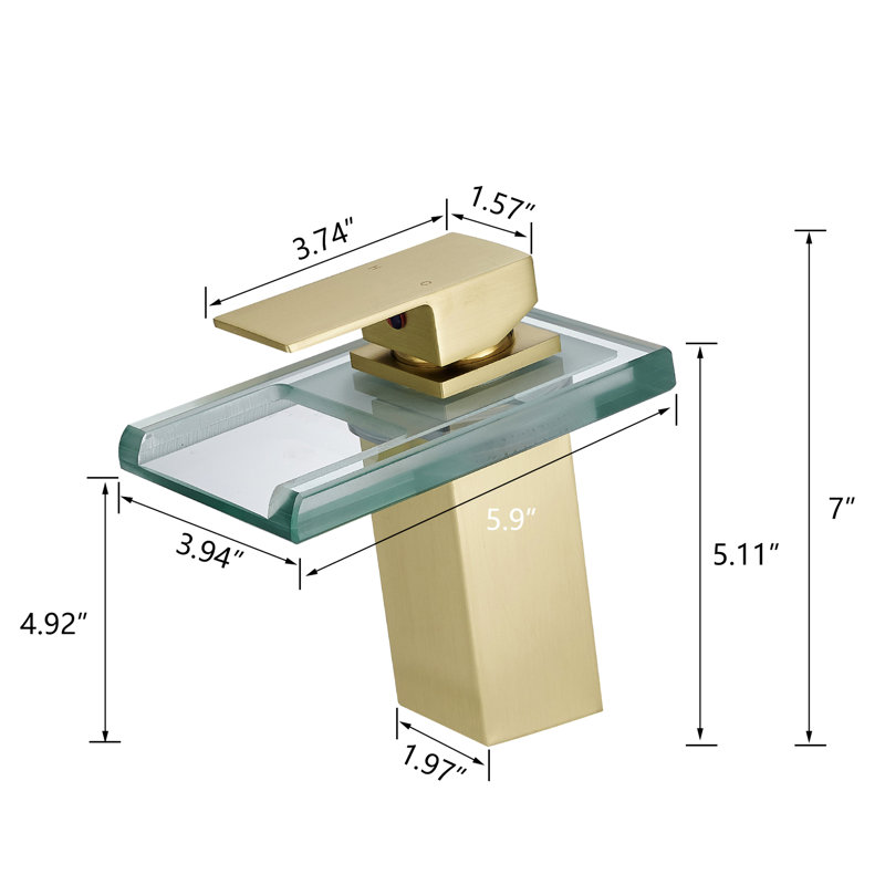 Robinet de salle de bain brossé à fixation sur le comptoir en or brossé, 3 couleurs à DEL, bec cascade, mélangeur d'eau chaude et froide, monotrou à une couleur, monté, eau, finition