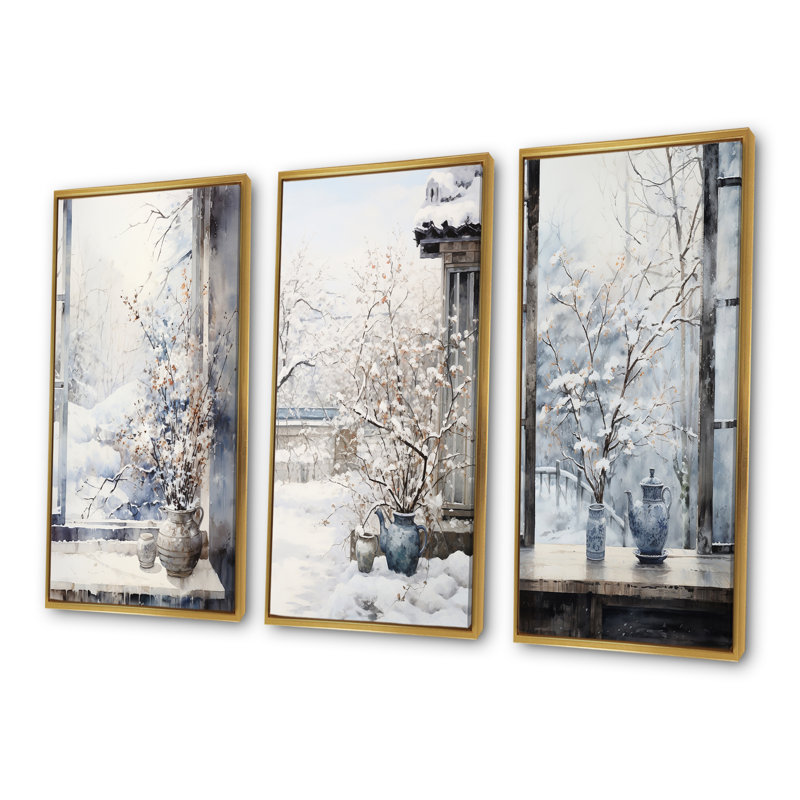 «Floral Snow Window View In Winter I», ensemble d'art mural sur toile Japon, Cadre flottant doré, H 32 po x l 48 po