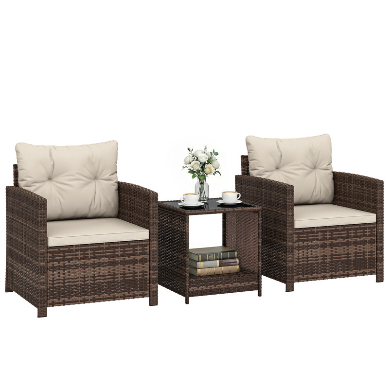 2 - Person Patio Dining Set with Square Table, Beige Cushion/Brown Frame