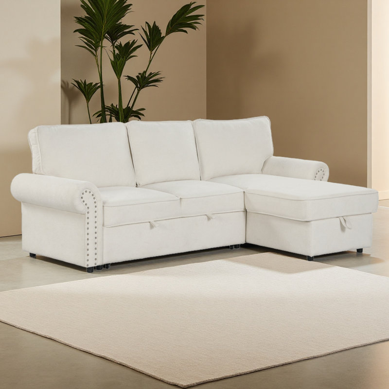 Canapé-lit modulaire convertible 95 po avec méridienne de rangement, dossier escamotable avec 2 porte-gobelets, accoudoirs arqués avec garniture cloutée, tissu en tricot de polyester