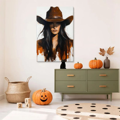 1 piece framed wall art canvas painting - portrait of a woman with a cowboy hat, flowing long hair, realistic oil painting style. Decorative vintage wall poster for home decor, modern artwork perfect for bedroom or living room