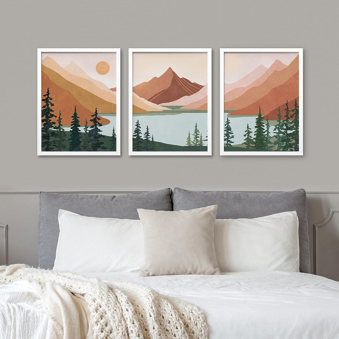" IDEA4WALL Framed Set Geometric Mountain Forest Lake Wall Art, Set Of 3 Abstract Nature Illustrations Wall Decor Prints, Nordic Wall Décor For Living Room, Bedroom " 3 - Pieces IDEA4WALL Frame 
