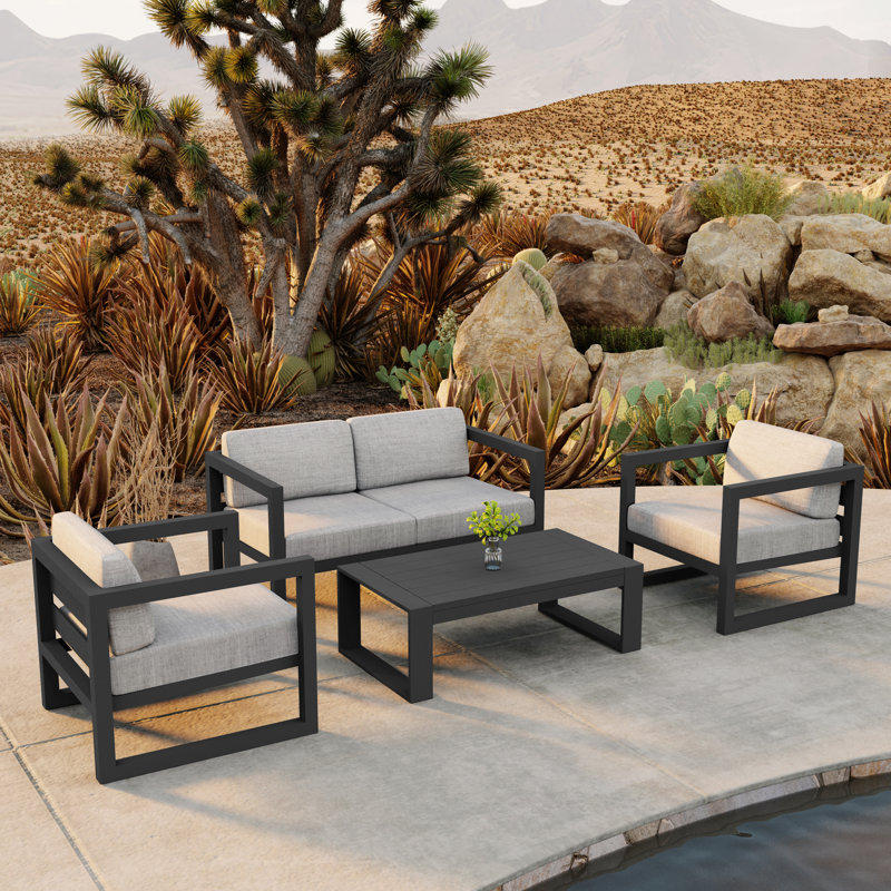 Avion 4 Piece Sofa Seating Group with Sunbrella Cushions, Cast Silver Sunbrella®, Slate, 15.75" H x 45.25" W x 25.5" D