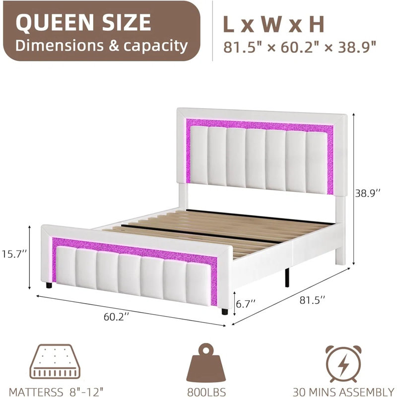 Ensemble de lit plateforme en velours capitonné à DEL avec velours moderne 2 pièces DEL - Suite de chambre à coucher lumineuse 3 pièces