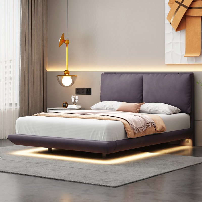 Lit plateforme avec 2 ensembles de ports USB et de prises, Beige, Double
