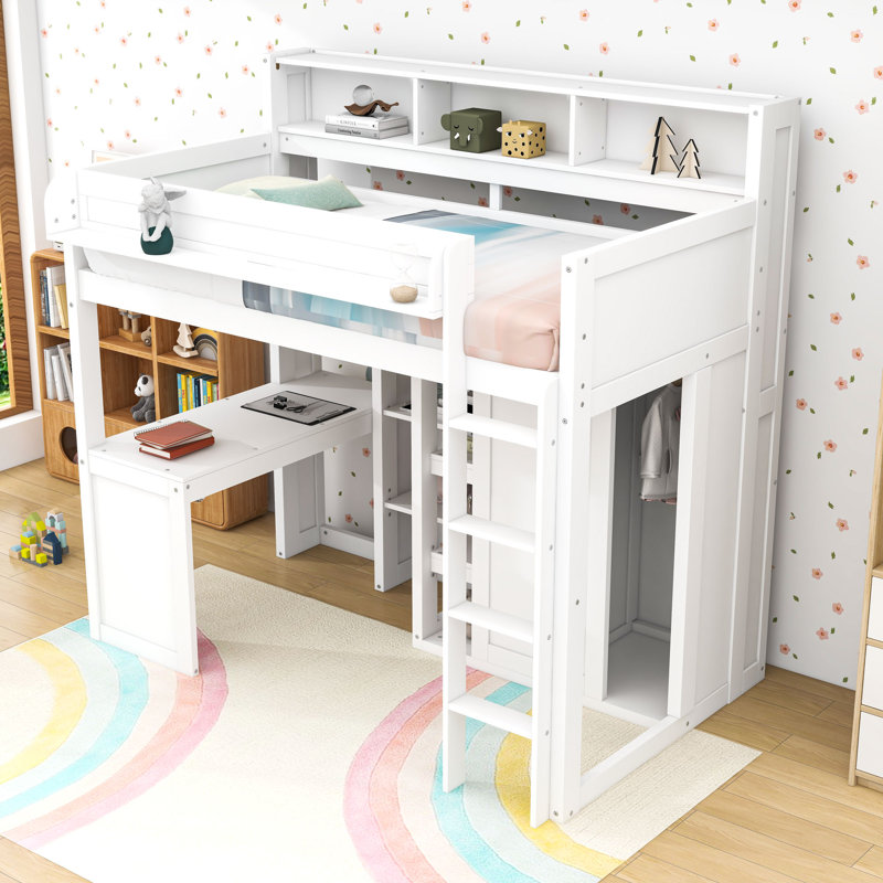 Lit mezzanine simple avec bureau, garde-robe et tablette de rangement, Blanc