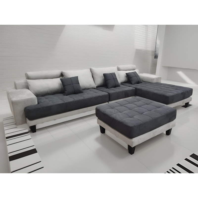 4 - Piece Upholstered Sectional, White/Gray Microfiber/Microsuede, Right Hand Facing