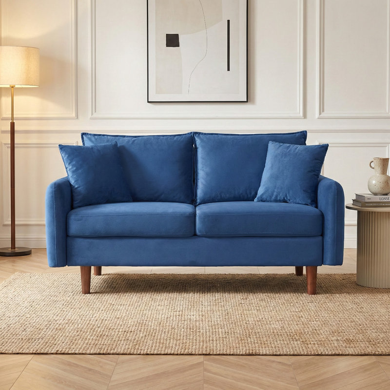 Canapé en velours de 55,8 po avec pieds en bois, conception moderne avec coussins, Cyan foncé