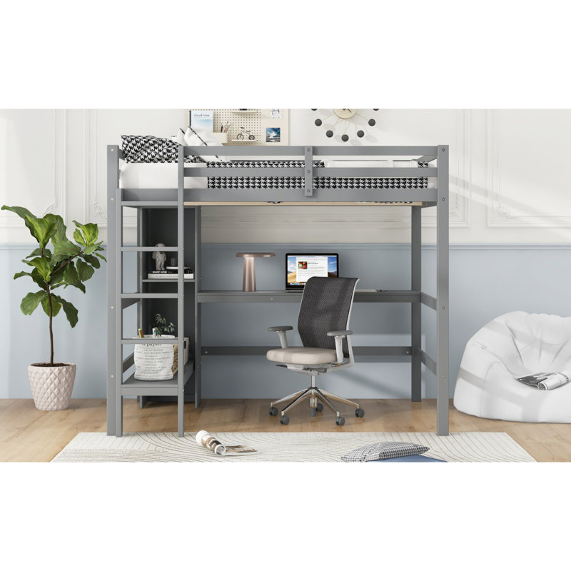 Lit mezzanine double avec tablettes multifonctionnelles et bureau sous le lit, gris, Gris