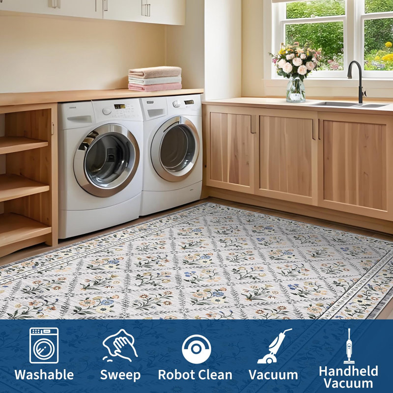 Tapis à bordure lavable à la machine Tapis antidérapant à motif floral, Gris, Rectangle 10 pi x 13 pi