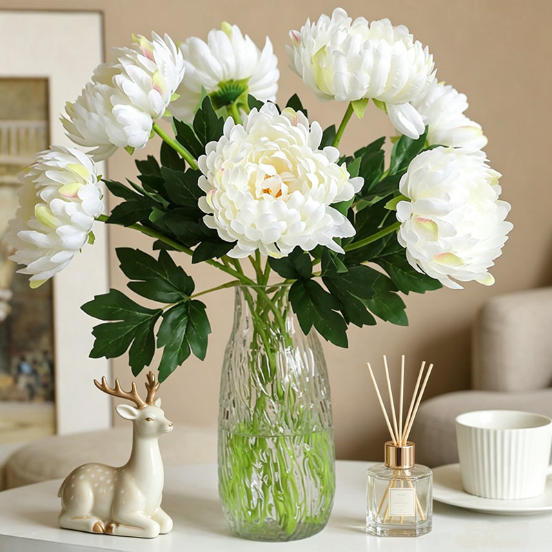 Ensemble de 6 branches de fleurs artificielles de chrysanthème 18,11 po à tige blanche soyeuse et souci de mariage