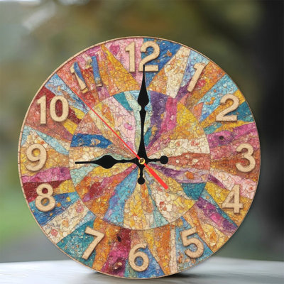 Colourful Mosaic Clock With Wooden Numbers
