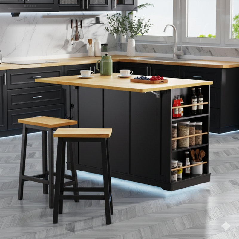 Îlot de cuisine spacieux de 53 pouces avec 2 tabourets de bar inclus, prise électrique, support de rangement derrière la porte, 5 roulettes, comptoir à abattants, 5 tablettes latérales ouvertes et 3 tiroirs - finition noire, livré dans trois boîtes