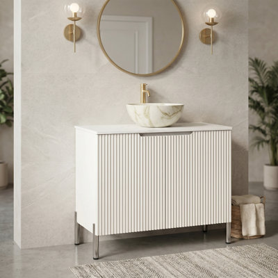 30" Freestanding Bathroom Vanity with Fluted Doors, Sintered Stone Countertop & Vessel Sink, Soft-Close Storage Cabinet
